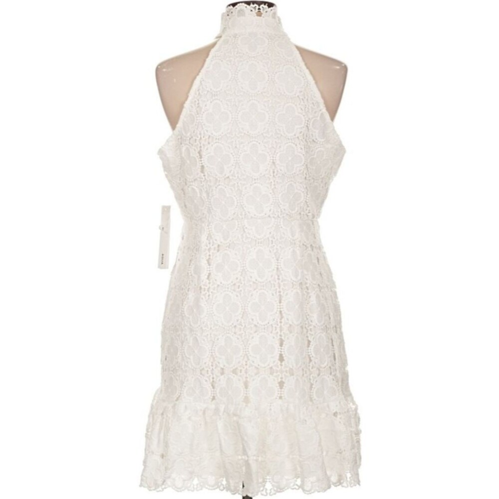 DESIGNER AQUA WHITE LACE HALTER NECKLINE RUFFLE HEM SLEEVELESS DRESS SIZE LARGE - Picture 11 of 16